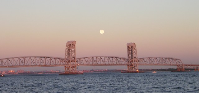 Hunter's Moon Sets Over Marine Parkway Bridge, Sat. 10/23/10, 7:28 a.m.--Copyright 2010 Vivian R. Carter