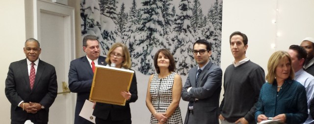 Weber is praised by Queens Borough President Melinda Katz and a bevy of pols and colleagues, 1/8/15.